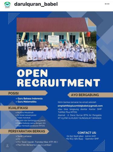 info Loker Musyrif,Guru Bahasa Indonesia & Guru Matematika-Darul Quran-Bangka
