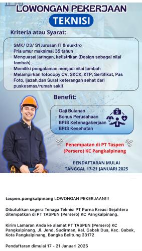 info Loker Teknisi-PT Taspen Pangkalpinang