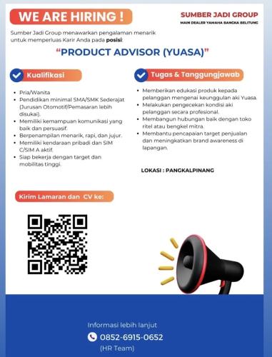 info Loker Product Advisor & Mekanik Motor-SUMBER JADI GRUP-Bangka Belitung