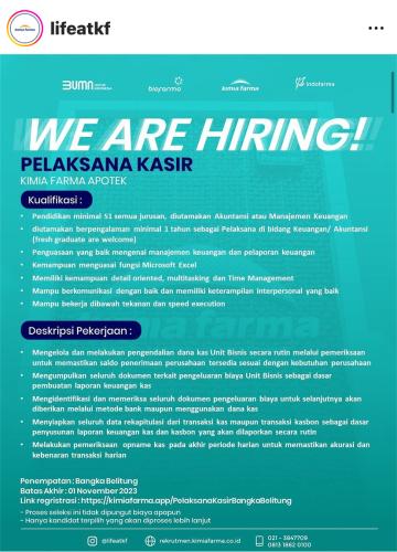 info Loker Pelaksanan Kasir & Pelaksana Piutang-Bangka Belitung
