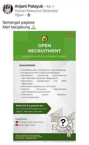 info Loker Research and Development (ASKEP )-PT FENYEN  Agro Lestari