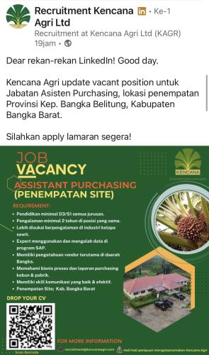 info Loker Asistant Purchasing-KENCANA AGRI Ltd-Bangka Barat