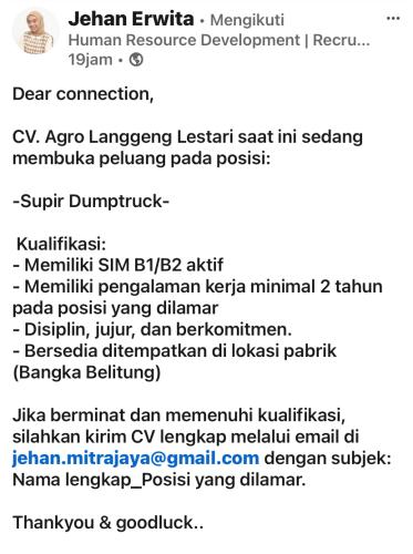  info loker Supir Dumptruck-CV Agro Langgeng Lestari-Bangka