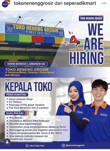 info Loker Kepala Toko,Kasir & Pramuniaga-TOKO NENENG GROSIR-SEPARADIK MART Pangkalpinang