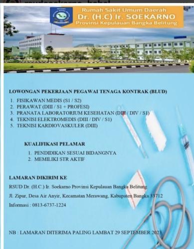 info Loker Fisikawan Medis,Perawat,Pranata Laboratorium Kesehatan,Teknisi Elektromedis,Teknisi Kardiovaskular-Rumah Sakit Umum Daerah Provinsi-ir Soekarno 
