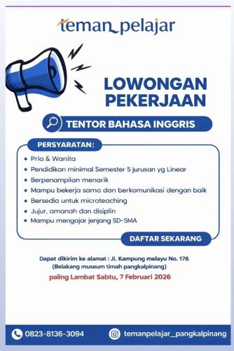 info Loker Tentor Bahasa Inggris-TEMAN PELAJAR Pangkalpinang