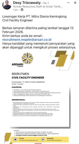 info Loker Civil Facility Engineer-PT Mitra Stania Kemingking-BANGKA