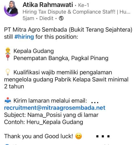 info Loker Kepala Gudang-PT Mitra Agro Sembada-Pangkalpinang
