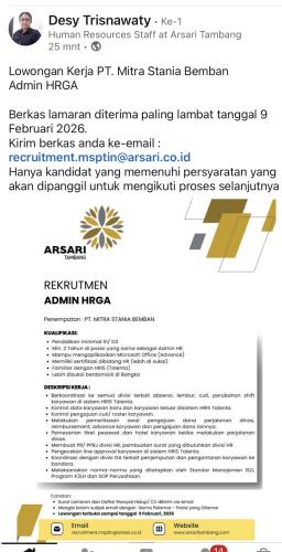 info Loker ADMIN HRGA,HSE OFFICER & ANALIS KIMIA-ARSARI GROUP-Bangka