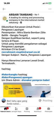 info Loker PENGAWAS LAPANGAN-Arsari Tambang-Bangka Tengah