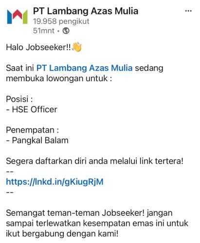 info Loker HSE Officer-PT Lambang Azas Mulia-PangkalBalam-Pangkalpinang