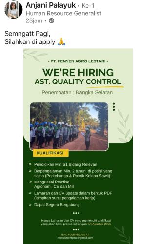 info Loker Ast Quality Control & Asisten Divisi/Kebun-PT Fenyen Agro Lestari