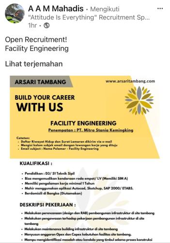 info Loker Facility Engineering-PT Mitra Stania Kemingking
