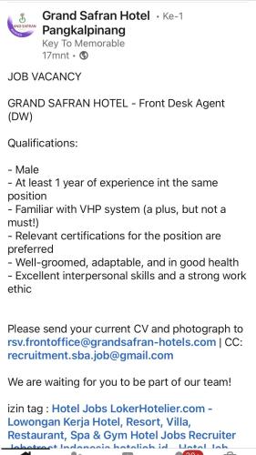 info Loker Front Desk Agent-Grand Safran Hotel Pangkalpinang