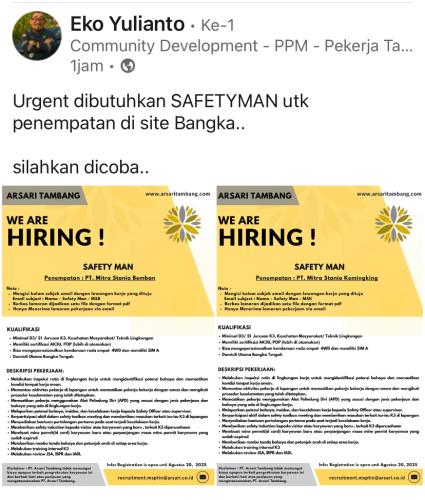 info Loker Safety Man-ARSARI TAMBANG