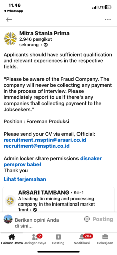 info Loker Foreman Produksi-Mitra Stania Prima-Bangka