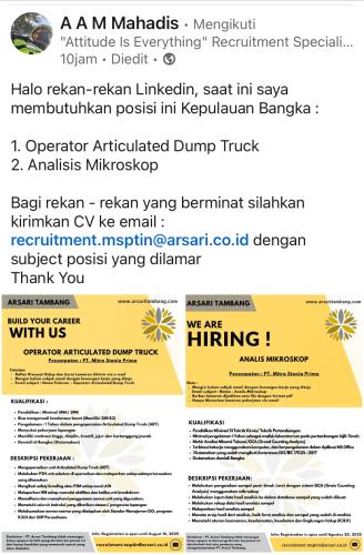 info Loker Operator Articulated Dump Truck & Analis Mikroskop-PT Mitra Stania Prima