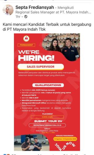 info Loker Sales Supervisor-PT.MAYORA INDAH TBK