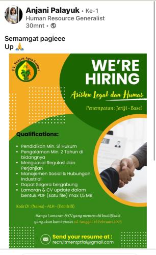 info Loker Asisten Legal& Humas-PT Fenyen Agro Lestari