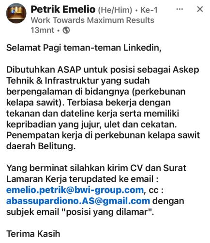 info Loker ASKEP TEKNIK & INFRASTRUKTUR-Belitung