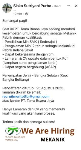 info Loker Mekanik Pabrik-PT TAMA BUANA JAYA-Bangka Selatan