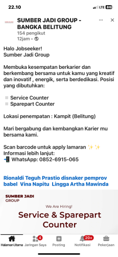 info Loker Service Counter & Sparepart Counter-Sumber Jadi Group Bangka Belitung