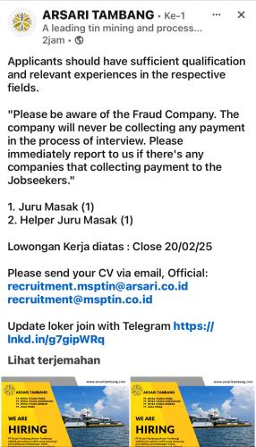 info Loker  Juru Masak,Helper Juru Masak & Helper Mekanik Pompa-Arsari Tambang-Bangka