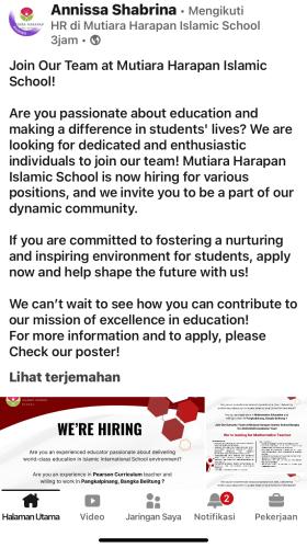 info Loker 10  posisi di Mutiara Harapan Islamic School-Pangkalpinang