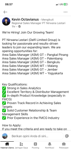 info Loker Area Sales Manager-PT NIRWANA LESTARI(Delfi Limited Group) 