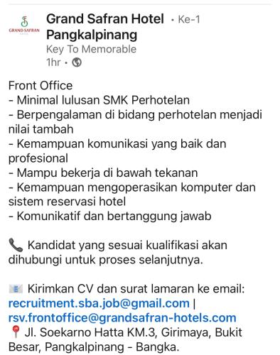 info Loker FRONT OFFICE-GRAND SAFRAN HOTEL Pangkalpinang
