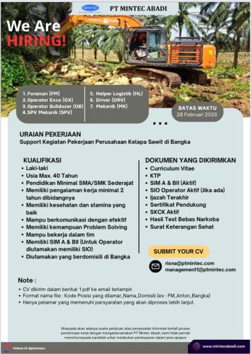 info Loker Foreman,Operator Exca,operator bulldozer,SPV Mekanik,Helper Logistik,Driver & Mekanik-PT.Mintec Abadi,Bangka