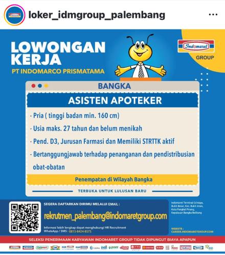 info Loker Asisiten Apoteker, Admin Umum & Teknisi Listrik-Rekrutmen Indomaret Group Cabang Palembang