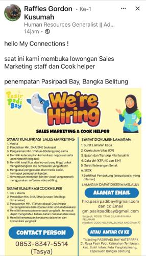 info Loker Sales Marketing & Cook Helper-Pasir PadiBay-Pangkalpinang