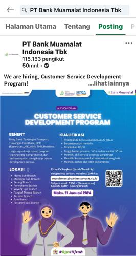 info Loker CUSTOMER SERVICE DEVELOPMENT PROGRAM-PT Bank Muamalat Indonesia Tbk-Pangkalpinang