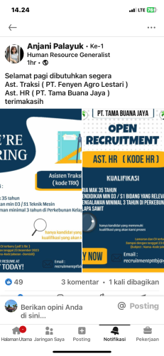 info Loker Ast Traksi(PT Fenyen Agro Lestari) & Ast HR(PT Tama Buana Jaya) Babel