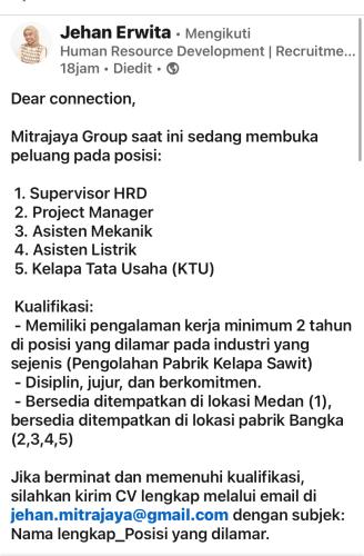 info Loker Project Manager,Asisten Mekanik,Asisten Listrik & Kepala Tata Usaha-MitraJaya Group,Bangka