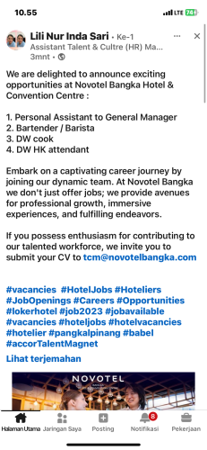 info Loker personil Assistan to General Manager,Bartender/Barista,DW Cook & DW HK Attendant-Novotel Bangka