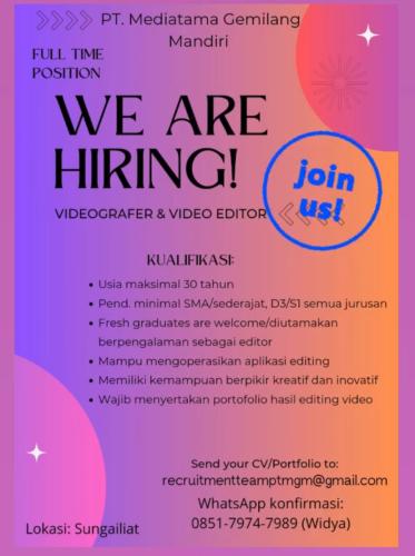 info Loker VIDEOGRAFER & VIDEO EDITOR-PT MEDIATAMA CEMERLANG MANDIRI