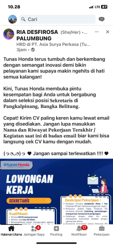 info Loker Sekretaris-PT ASIA SURYA PERKASA(Tunas Honda) Pangkalpinang