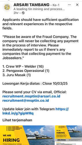 info Loker Crew WP,/Welder,Pengawas Operasional & Juru Masak-Arsari Tambang-Belinyu