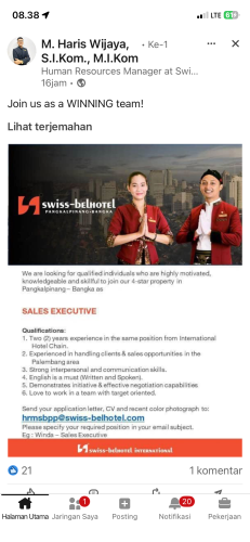 info Loker SWISS BEL HOTEL-Pangkalpinang
