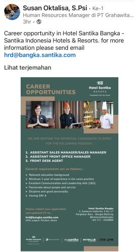info Loker Asst Sales Manager,Asst Front Office Manager & Front Desk Agent-HOTEL SANTIKA BANGKA