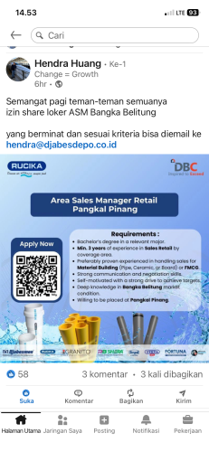 info Loker PT. Wahana Duta Jaya Rucika-Bangka Belitung