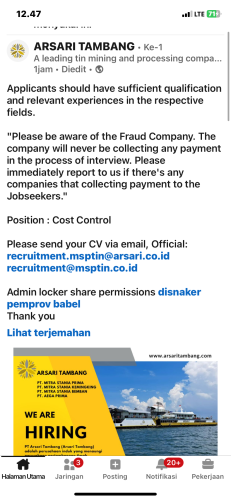 info Loker COST CONTROL-Arsari Tambang