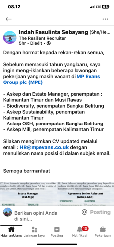 info Loker BIODIVERSITY & ASKEP OSH-MP Evans Group Plc/MPE