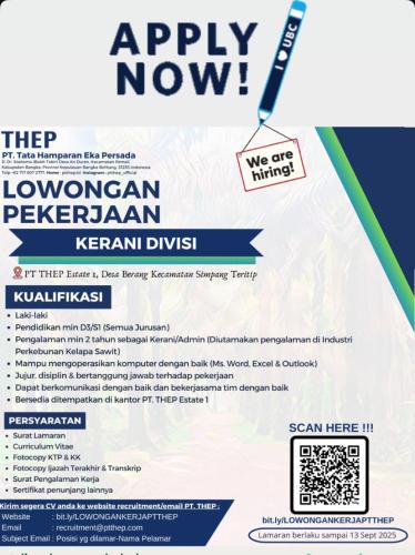 info Loker KERANI DIVISI & ADMIN LEGAL-PT THEP