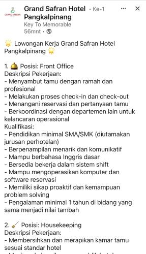 info Loker FRONT OFFICE & HOUSEKEEPING-Grand Safran Hotel Pangkalpinang
