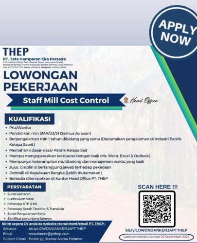 info Loker STAFF MILL COST CONTROL- PT THEP- Bangka