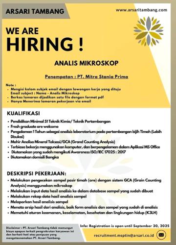info Loker ANALIS MIKROSKOP-PT MITRA STANIA PRIMA