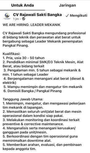 info Loker CV RAJAWALI SAKTI BANGKA-Pangkalpinang